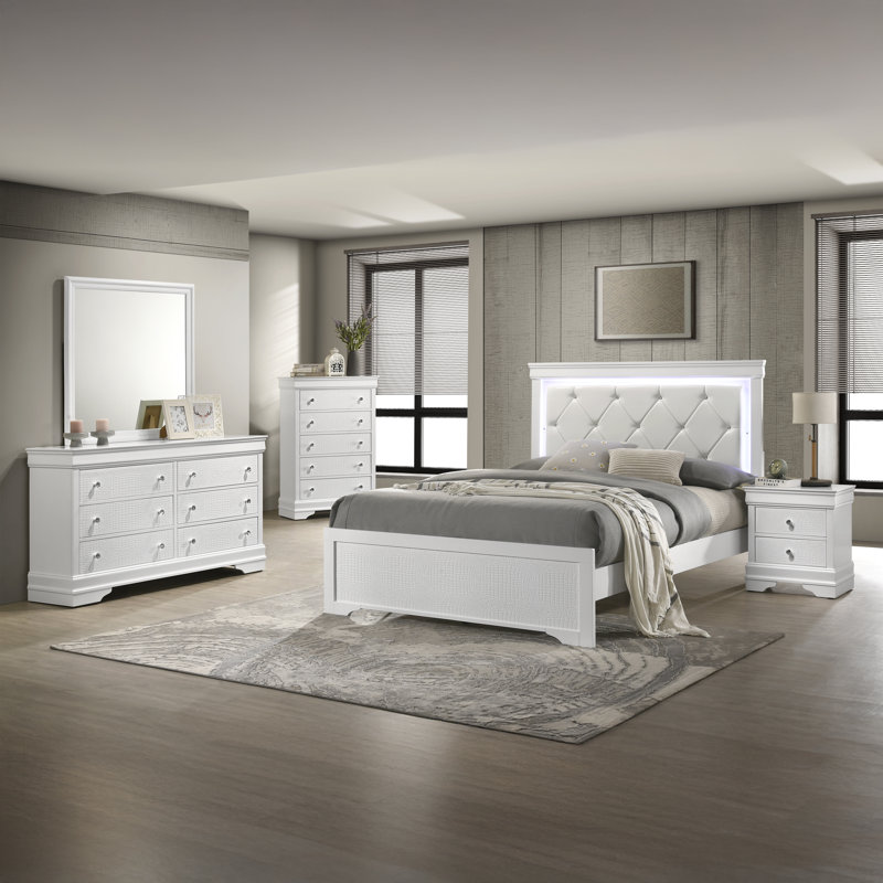 Mylhana Upholstered Standard Bedroom Set, King, White, 5 Pcs: Bed, 2 Dressers, Nightstand, Mirror