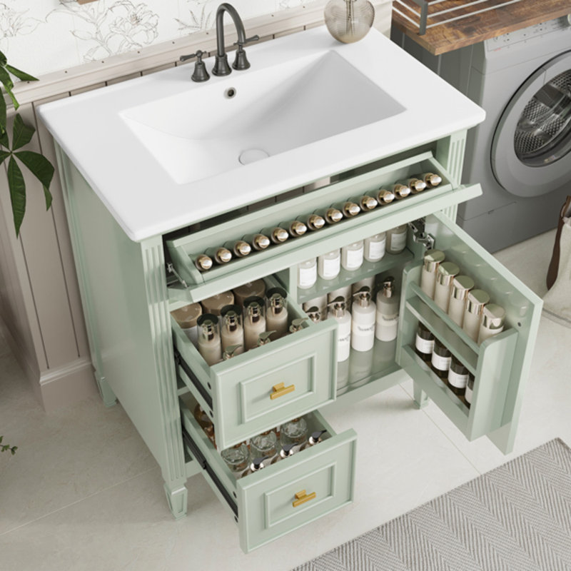Meuble-lavabo 30 po avec lavabo, meuble-lavabo avec un tiroir rabattable et deux tiroirs, tablette réglable, Vert