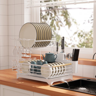 KitchenAid Compact, Space Saving Rust Resistant Dish Rack with Removable  Flatware Caddy and Angled Self Draining Drainboard, 16.06-Inch, Black