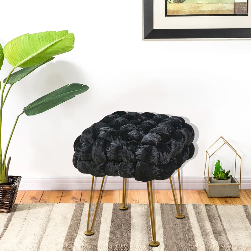16" Wide Velvet Square Ottoman, Jet Black Velvet