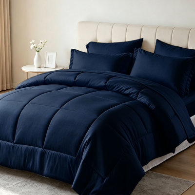 Ensemble de couette bleu marine King Size, 7 pièces, literie bleue piquée comprenant drap plat, drap-housse, taies d'oreiller et housses de coussin.