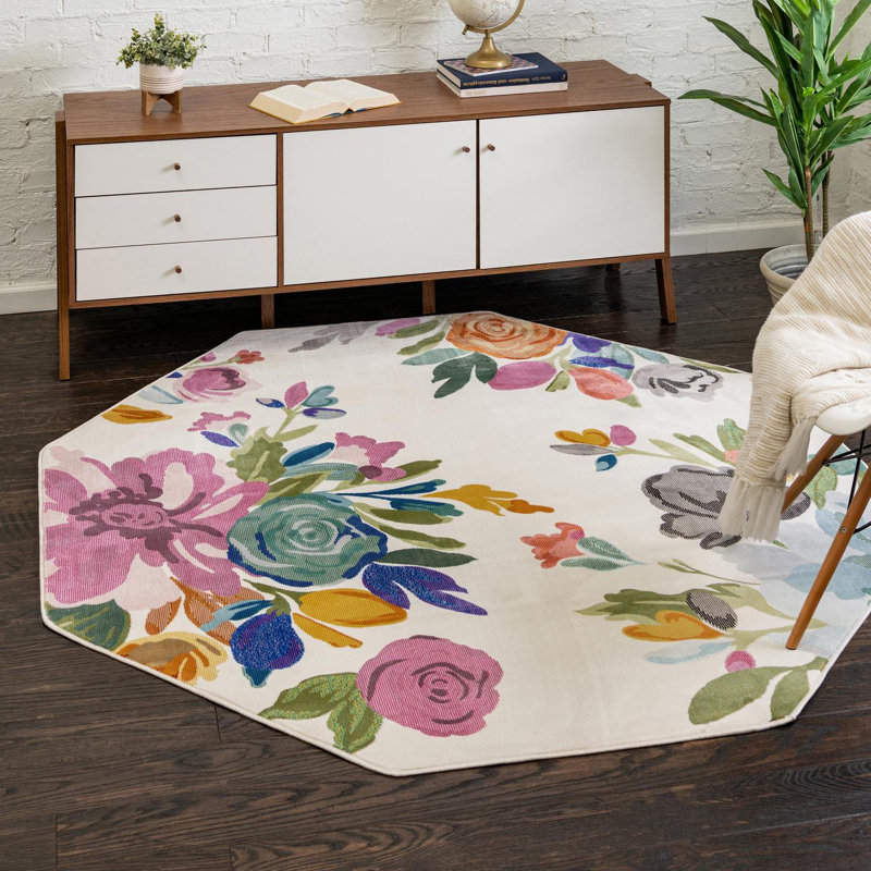 Tapis à motif floral vert / mauve / bleu / ivoire / gris / orange Aludra, Octogone 6 pi x 6 pi