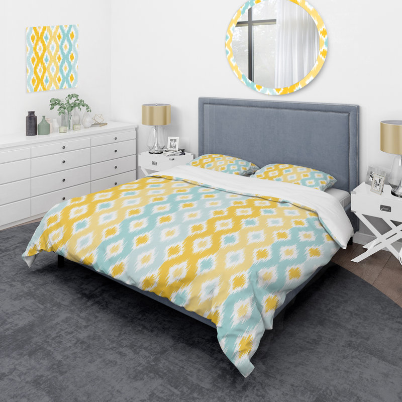Yellow Ikat Ogee - Ensemble de housse de couette abstrait - Microfibre de polyester