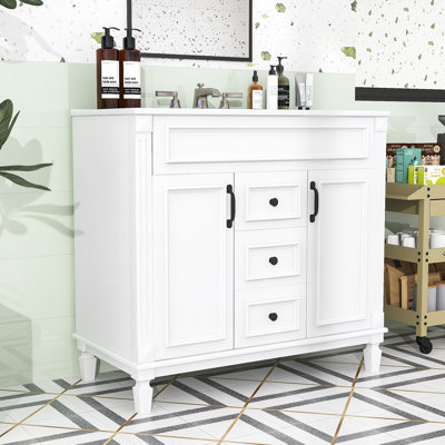Meuble-lavabo de salle de bain avec lavabo, tablettes de rangement, tiroirs et portes