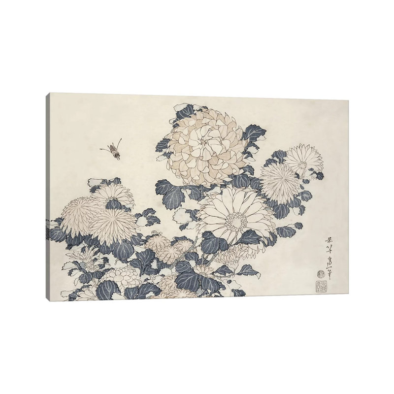 Abeille et chrysanthèmes - Giclée sur toile tendue avec châssis, H 12 po x l 18 po