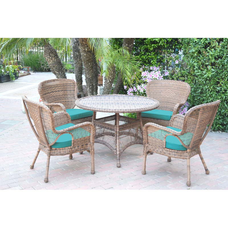 Batchelder 4 - Person Wicker Patio Dining Set with Round Table, Honey, Turquoise