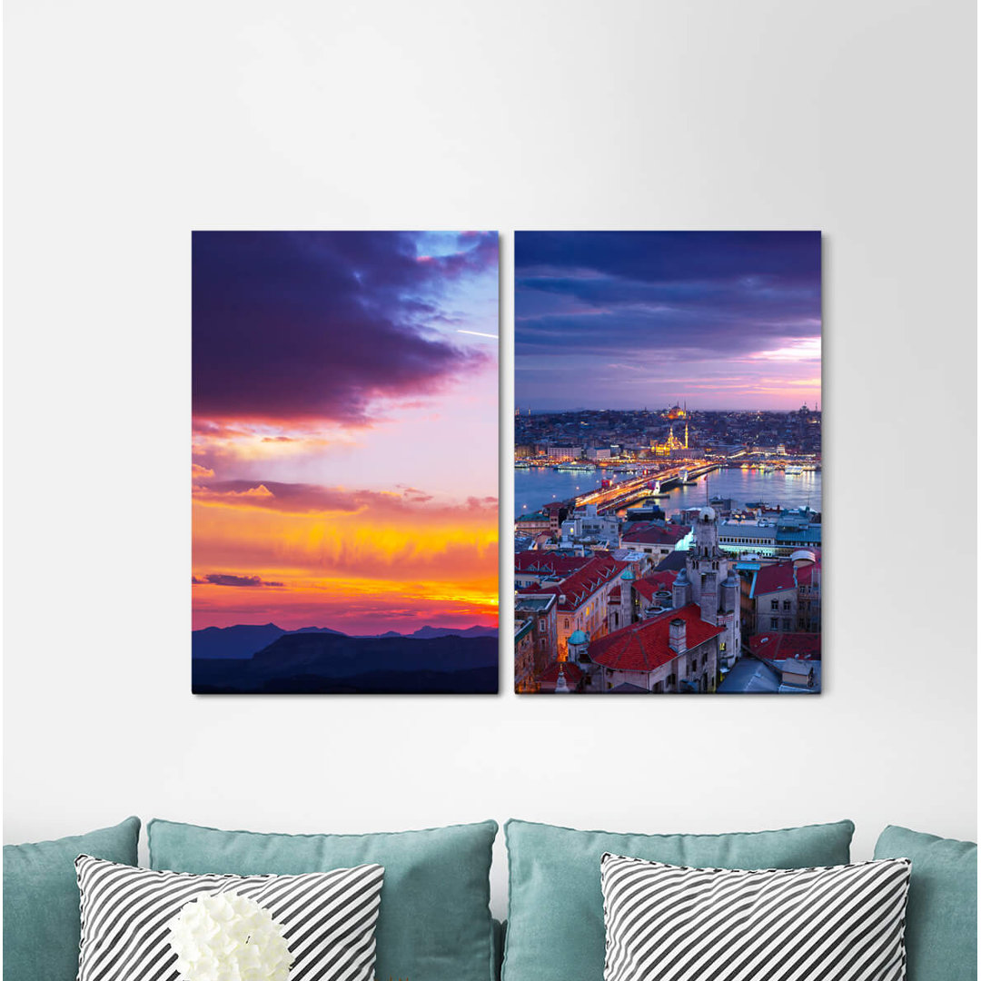 2-tlg. Leinwandbilder-Set - Grafikdruck „Istanbul Turkey Red Sky Horizon Mountains Sunset Bridge”