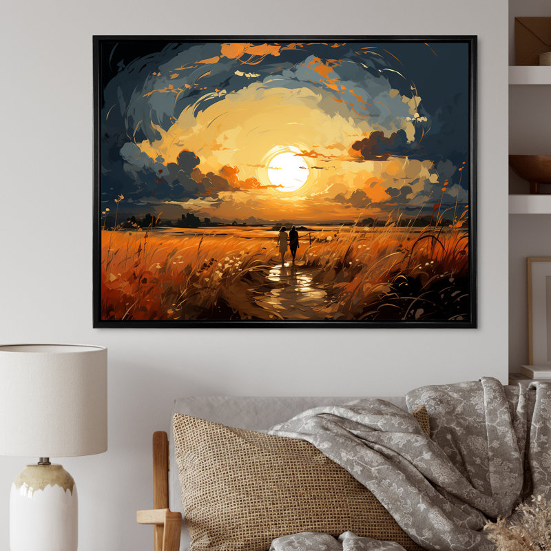 «Wheatfield Sunset Romance, H 12 po x l 20 po x P 1 po, Cadre flottant noir