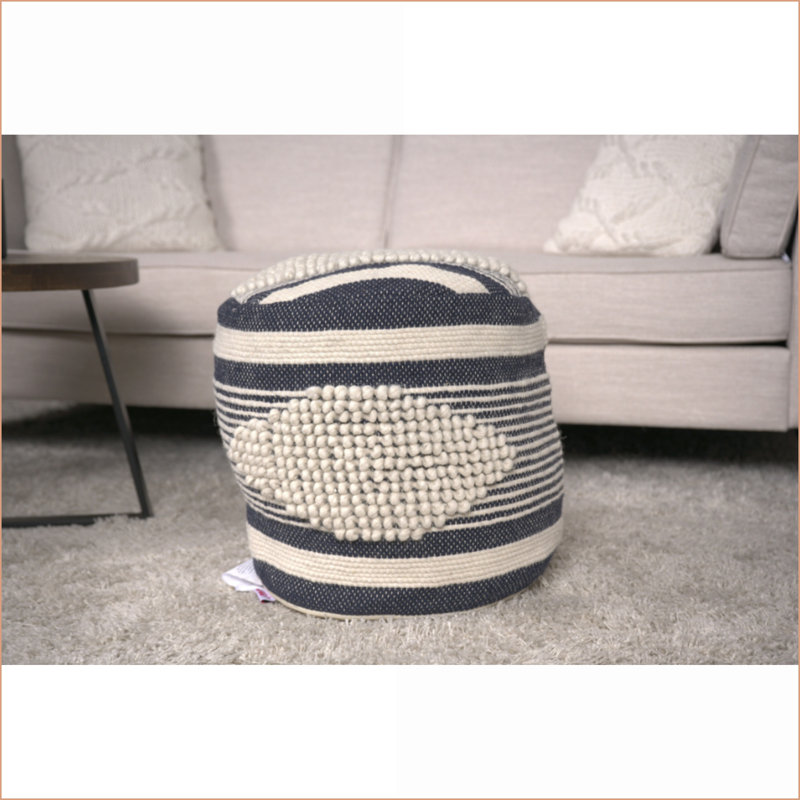 Pouf, Handcrafted Wool-Cotton Cylindrical, Beige &amp; Dark Gray | Fabric | Dawn Grey