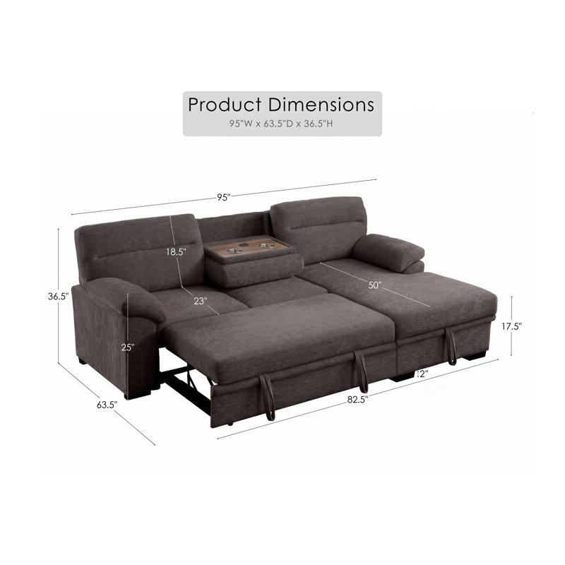 Canapé d'angle convertible 239 cm (L) avec méridienne de rangement, 161 cm (L) x 239 cm (P) x 93 cm (H), chenille, 2 pièces, forme en L, marron, lit gigogne, ports USB et porte-gobelets