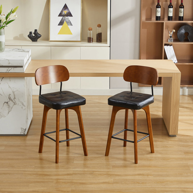 Tabouret de comptoir pivotant Ikhlas (ensemble de 2), Siège noir / cadre brun, 2