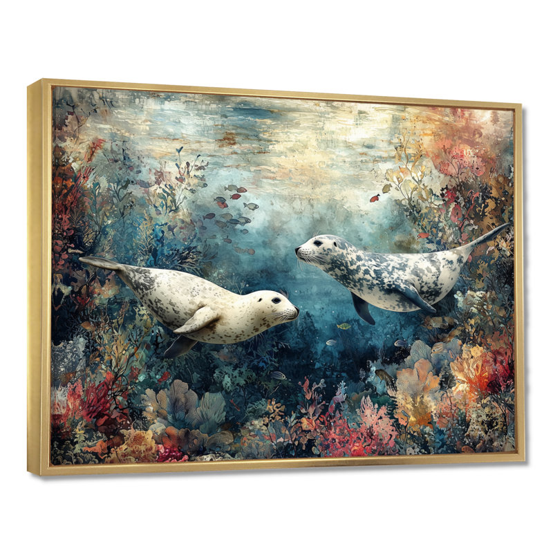 Jouant des phoques dans un paysage de corail II - phoque, décoration murale, H 24 po x l 32 po, Doré