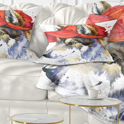 Loup avec bonnet rouge - coussin décoratif imprimé animal