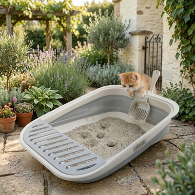 Collapsible Kitten Litter Box, 17.7x13.4x5 Inch Open Potty Pan with Scoop, Foldable Shallow Cat Toilet, Anti-Splash, Low Entrance, Travel Box with Falling Sand Pedal, Grey