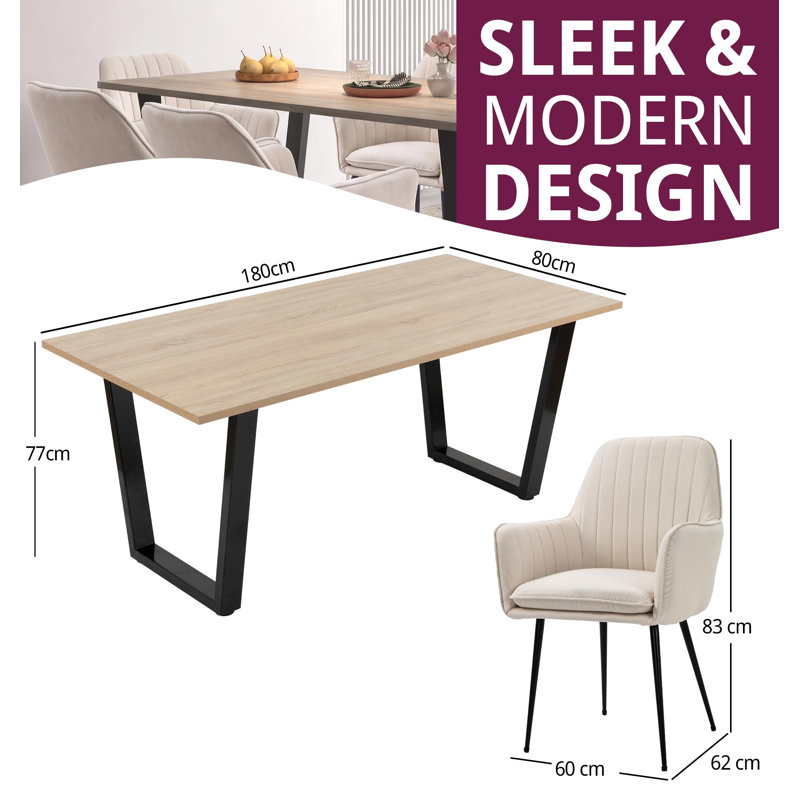 80cm Rectangular Dining Set with Upholstered Chairs, 77cm H x 180cm W x 80cm D, 7 Pieces: Table, 6 Chairs, Beige