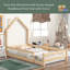 Lit simple en bois avec tête de lit en forme de maison et clôtures-985582595
