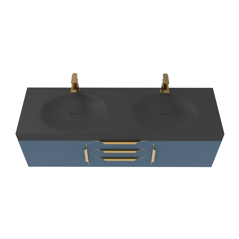 Meuble-lavabo mural double l 60 po x P 19 po x H 17,75 po Velkan, Noir, Bleu, Or