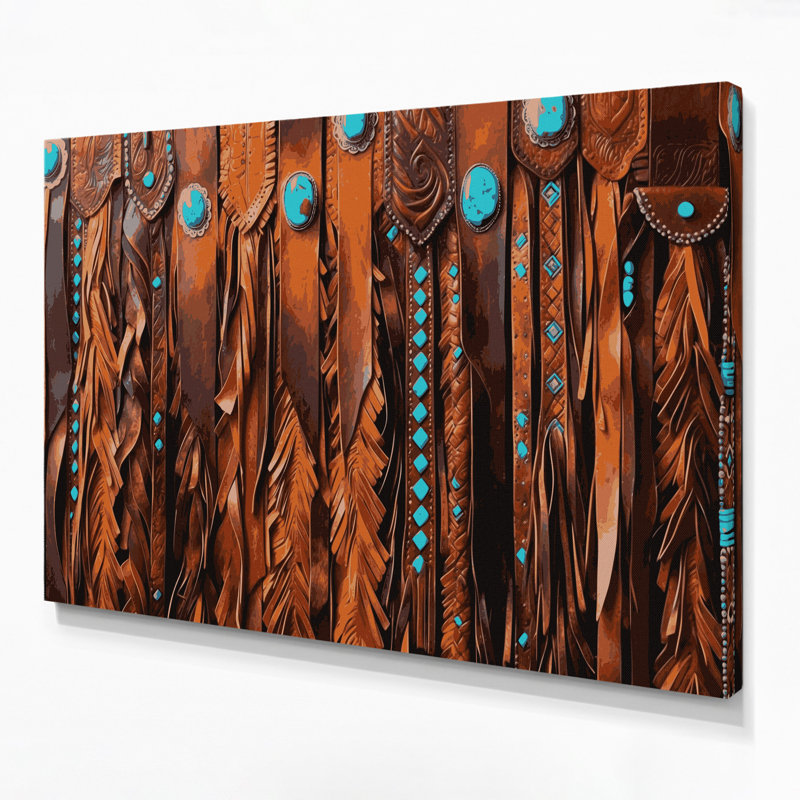 «Southwestern Cowboy», art mural sur toile en cuir brun à 68 franges, H 20 po x l 30 po