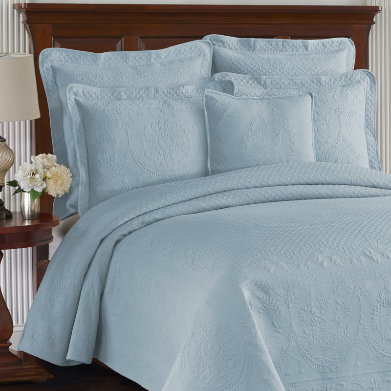 King Charles Blue Cotton Matelasse Queen Coverlet