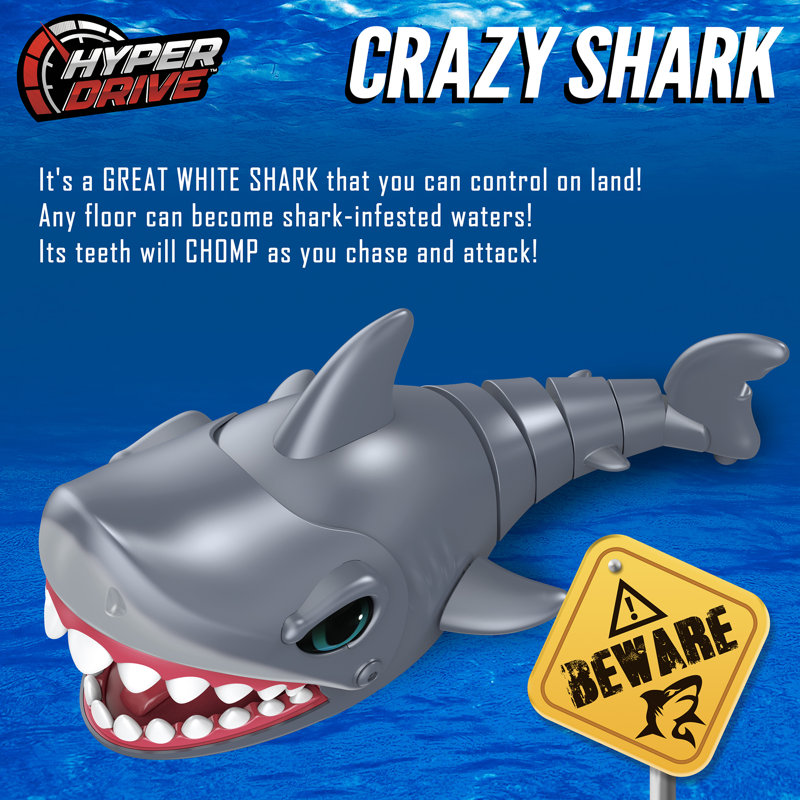 Hyper Drive: Crazy Shark - Gris - 14 po Sons Mega Chomp IR Télécommande jouet, Chomping réaliste et mouvement de queue, joue de la musique, joue des cascades, enfants 3+