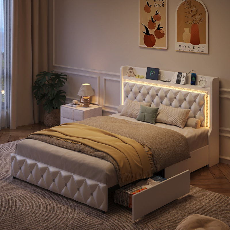 Floating Full Bed Frame With LED Light, Upholstered PU Leather Platform Full Bed With Charging Station & Wingback, Diamond Tufted Storage Headboard & Footboard, No Box Spring Needed