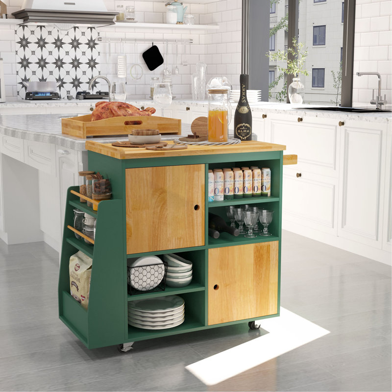 Chariot pour îlot de cuisine, bar de cuisine et chariot de service sur roulettes avec support à épices, Vert antique