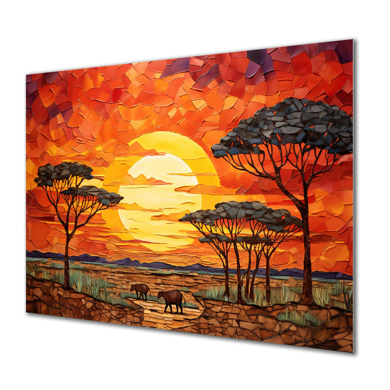 Savannah coucher de soleil en safari africain dans les teintes 2 - Boho mosaïque murale en métal, décoration d'art MT136428