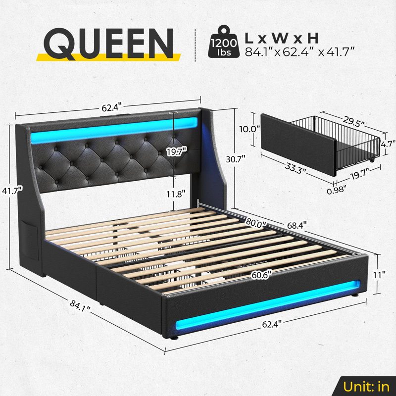 Komor Upholstered Storage Bed with Charging Station and LED Lights, Queen, Black