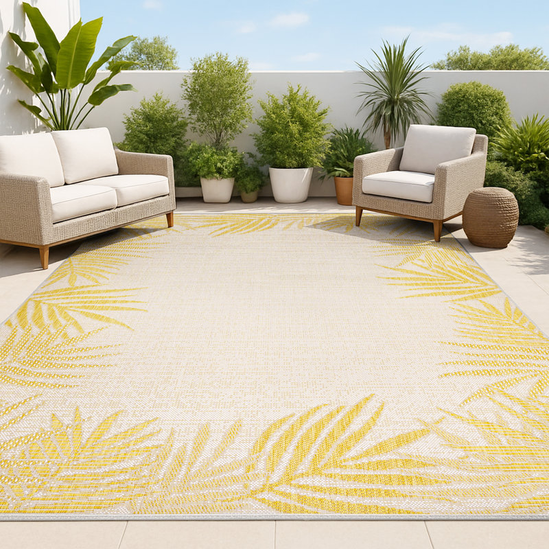 Isla Coastal Cottage Palm Frond Border Indoor/Outdoor Rug, Rectangle 4' x 6', Dark Gray/Ivory