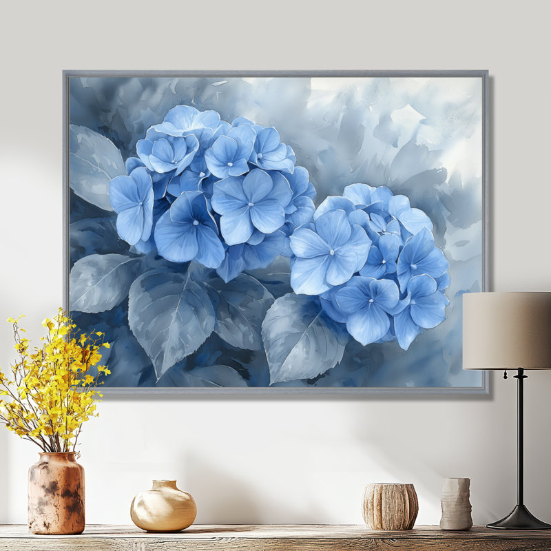 Hydrangeas In Greyscale Garden II - Hydrangea Framed Canvas Print, 34" H x 44" W, Floater Framed Print, Silver