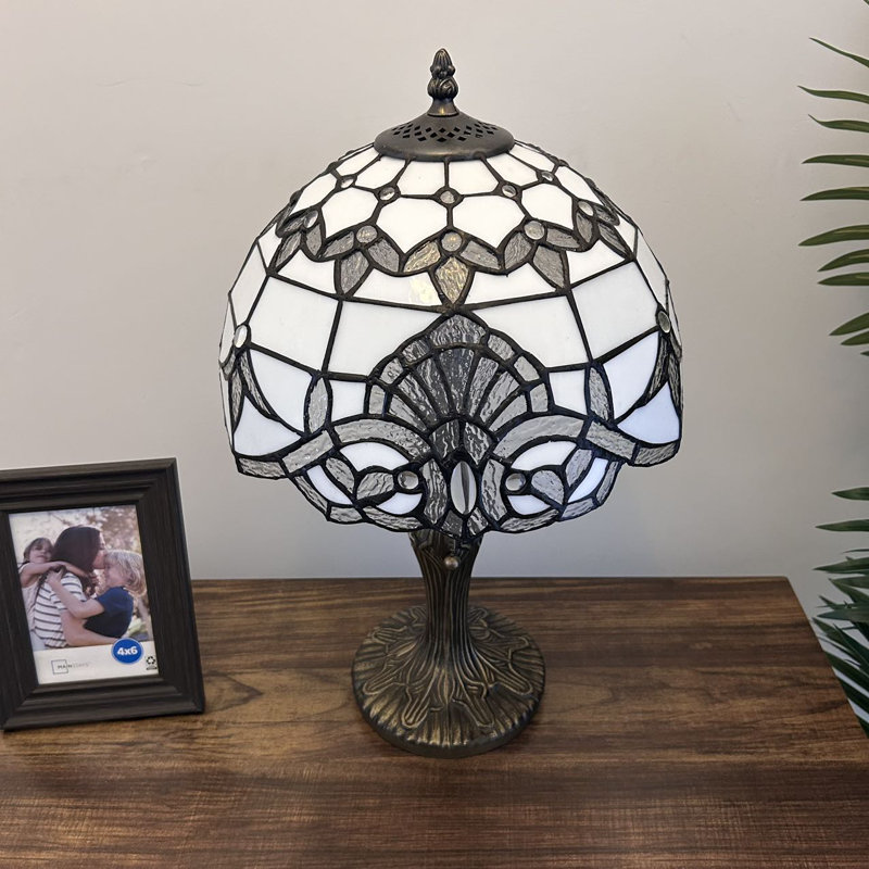 White Stained Glass Baroque Table Lamp with Bronze Base