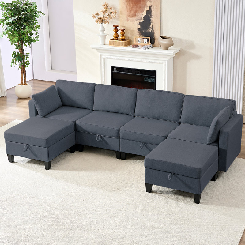 Canapé modulaire convertible en U 109 po à 4 places modulaire en lin avec rangement et méridienne réversible, Gris foncé