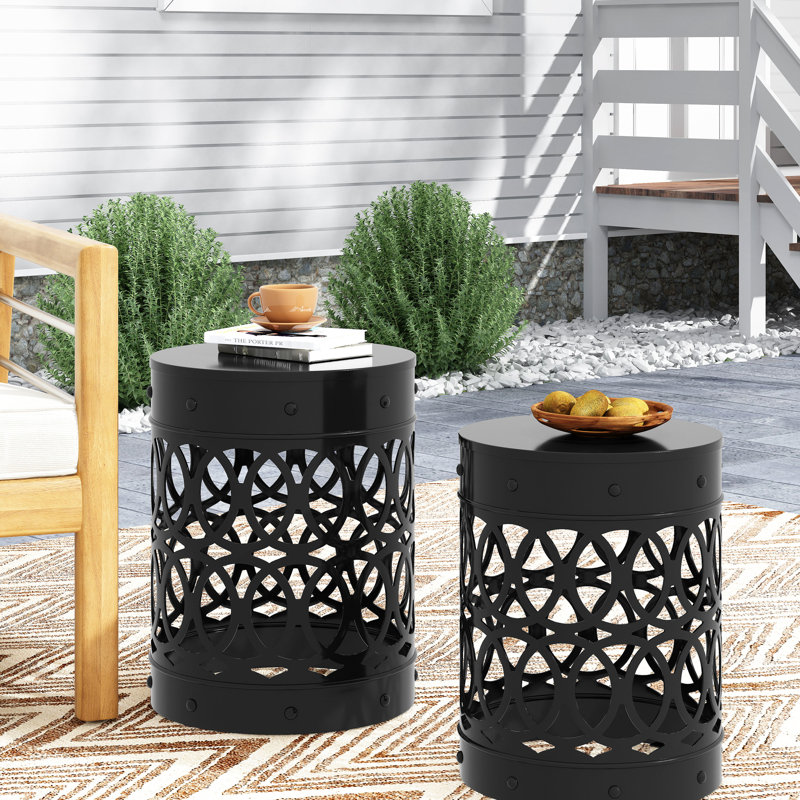 Black Iron Cut Design Outdoor Side Table - Modern Metal End With Powder-Coated Frame, No Assembly For Home Tables Of 2 Elegant Pattern,
