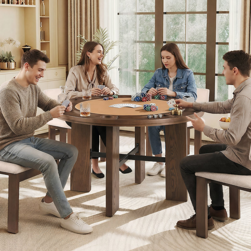 Table de salle à manger et de poker ronde 48 po 2 en 1, table de jeu avec 6 porte-gobelets, Brun