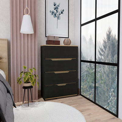 Commode, plateau supérieur, quatre tiroirs - noir / chêne clair