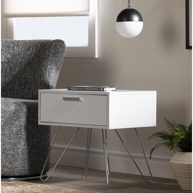 Pure White Scandinavian End Table with Storage Drawer and Metal Hairpin Legs