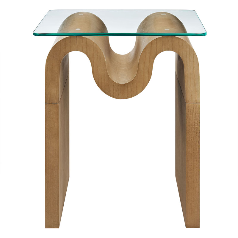 Natural Ash Veneer Wave Base Glass Top Side Table