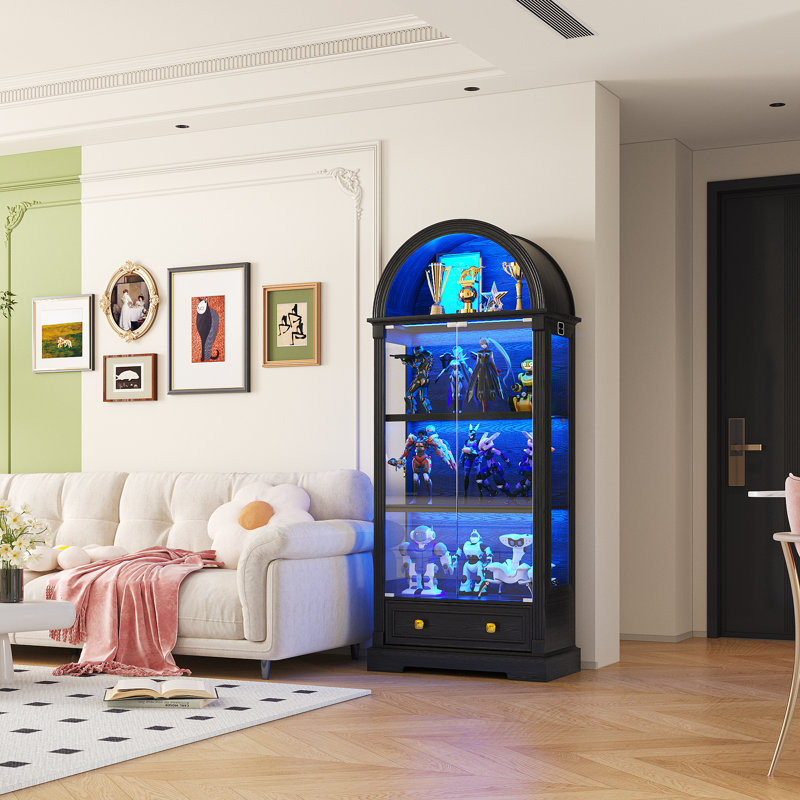 72.8" Tall Arched Display Cabinet With Glass Doors,4-Tier Storage Cabinet with LED Light& Human Body Sensor, Black