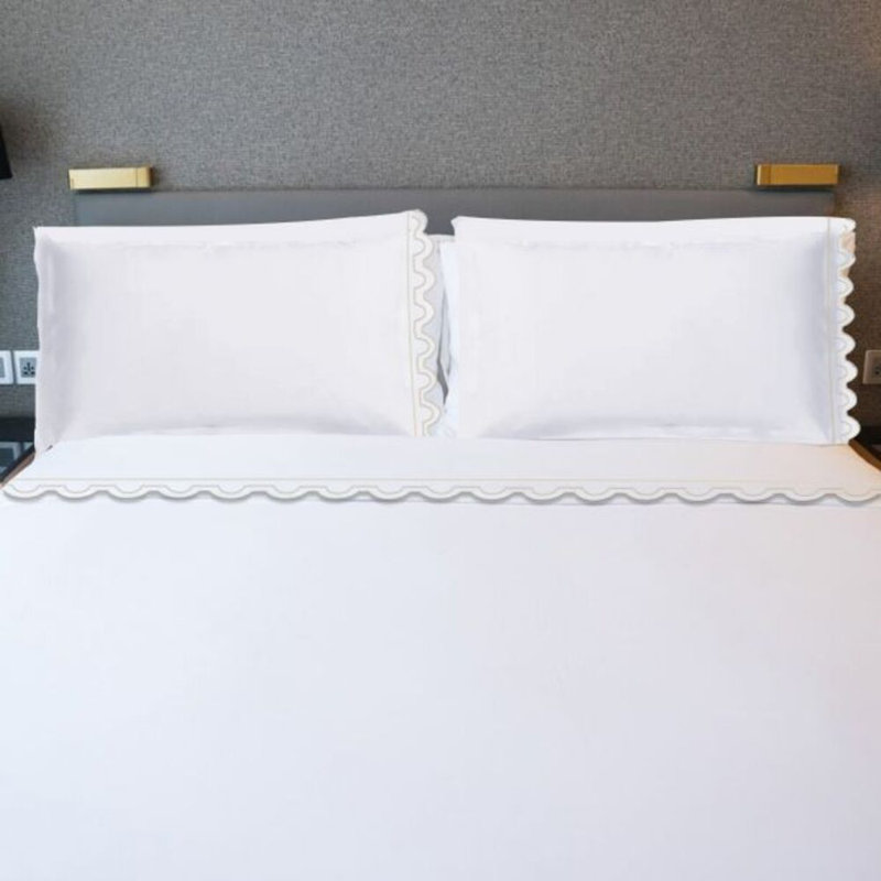 400TC U Shape Scallop Embroidery Cotton 4 Piece Sheet Set Fitted Sheet Fits Upto 16" Deep Pocket, Taupe Border