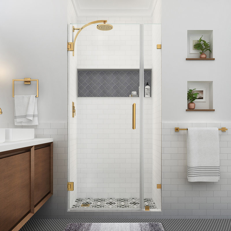 Nautis XL 29.25 - 30.25 in. W x 80 in. H Hinged Frameless Shower Door with Clear StarCast Glass, Brushed Gold