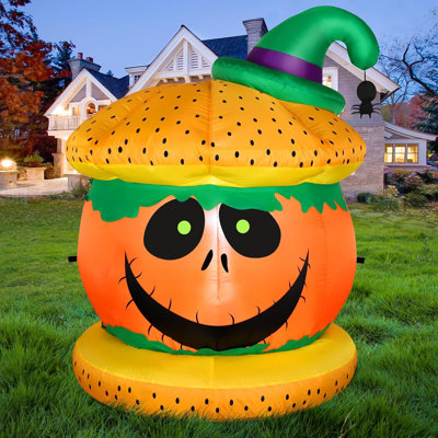 4FT Halloween Inflatable Hamburger Pumpkin Holiday Yard Outdoor Decorations, Adorable Blow Up Hamburger Pumpkin Festival Decor With Bright LED Lights Suitable For Garden Lawn Indoor Home Party Decor