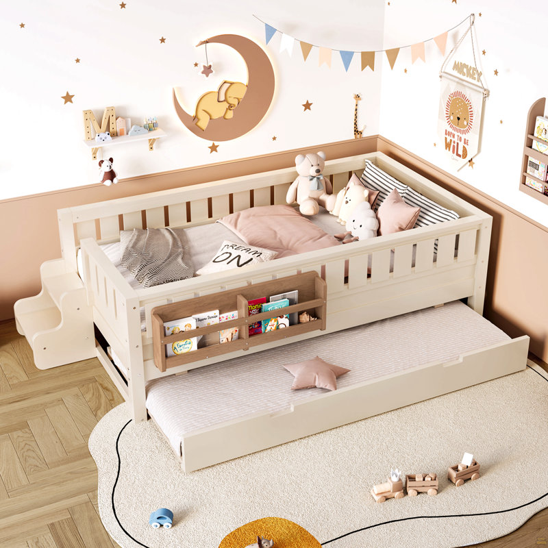 Simple avec bibliothèque intégrée et petit escalier, rails de sécurité de haute qualité, Twin, Beige