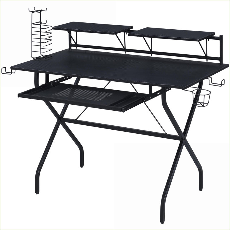 Bureaux, bureau d'ordinateur de 47,5 po de largeur avec plateau pour clavier, crochets pour casques d'écoute et support pour jeux | Noir | Bois et métal