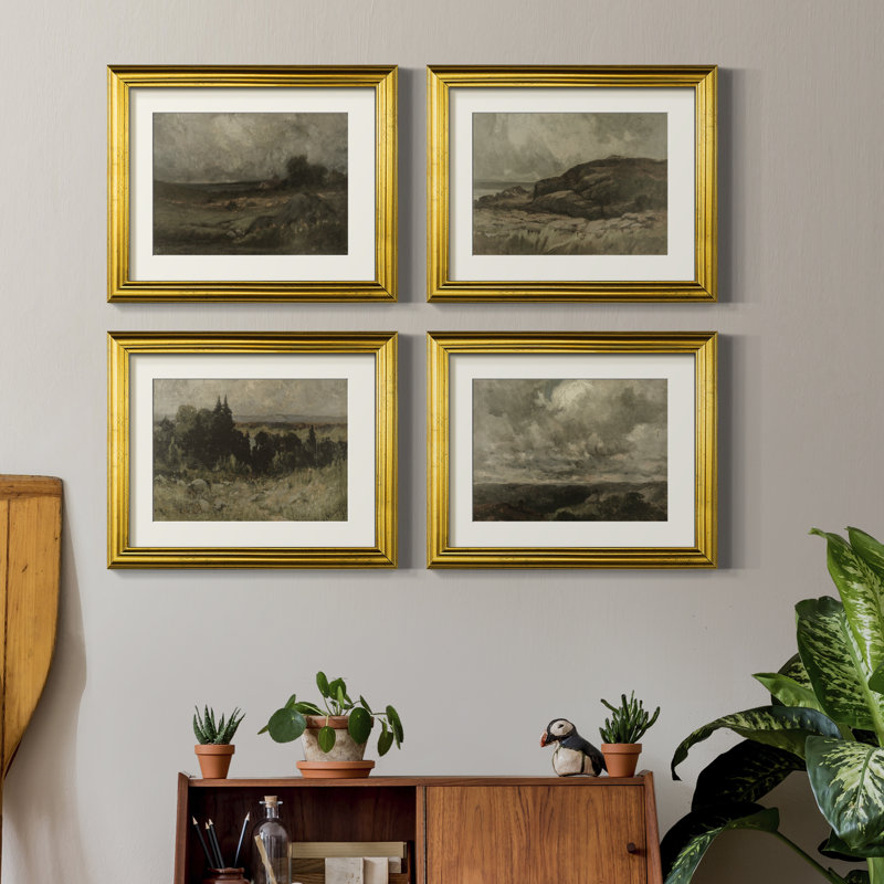 Ensemble de 4 reproductions encadrées de paysage rétro Lxxxiv, H 16 po x l 20 po