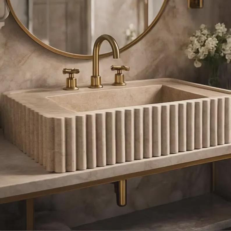 Lavabo de salle de bain mural en travertine sculpté à la main - 24 po x 16 po x 6 po