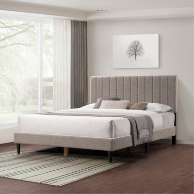 Structure de lit plateforme tapissier gris, tête de lit à profil capitonné, meubles de chambre à coucher de style Mid-Century, sommier à lattes en bois non requis, cadre de lit à lattes modernes, cadre souple moderne, 64,25 po x 84,5 po x 45 po