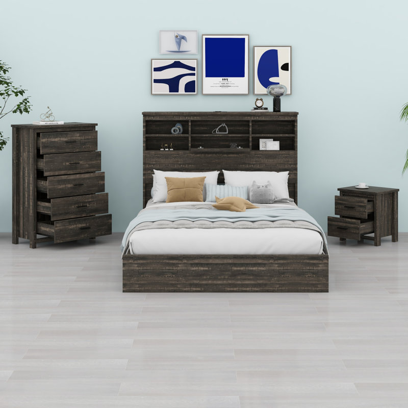 Ensemble de chambre à coucher moderne avec tête de lit, charge, 2 tables de chevet et commode