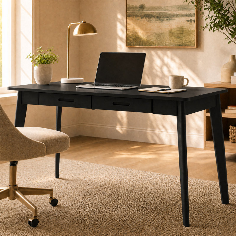 Bureau d'écriture 2 tiroirs avec pieds en bois massif Caidence, Noir / Noir, H 29,53 po x l 47,2 po x P 21,7 po