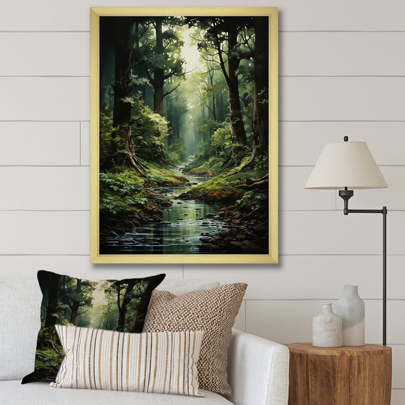 Rivière dans un bois enchanté I - forêt, art mural, H 32 po x l 24 po x P 1 po, Cadre doré simple