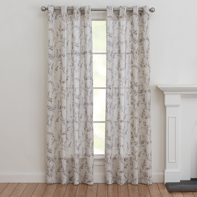 Kamloops 100% Polyester Semi-Sheer Floral Curtain Panel with Grommet Top, Tan, 50" W x 84" L